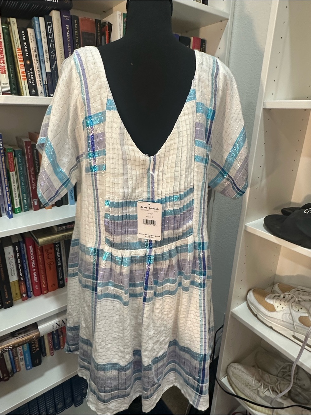 Free People White Plaid Swim Cover-Up with Blue & Lavender Stripes - Picture 4 of 5